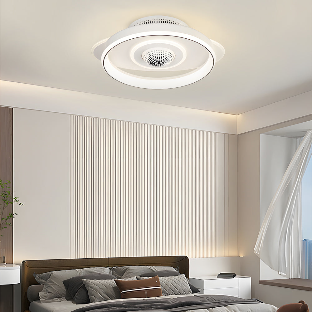 Modern Smart Bladeless Ceiling Fan with Dimmable LED Light and Air Sterilization Filter in White