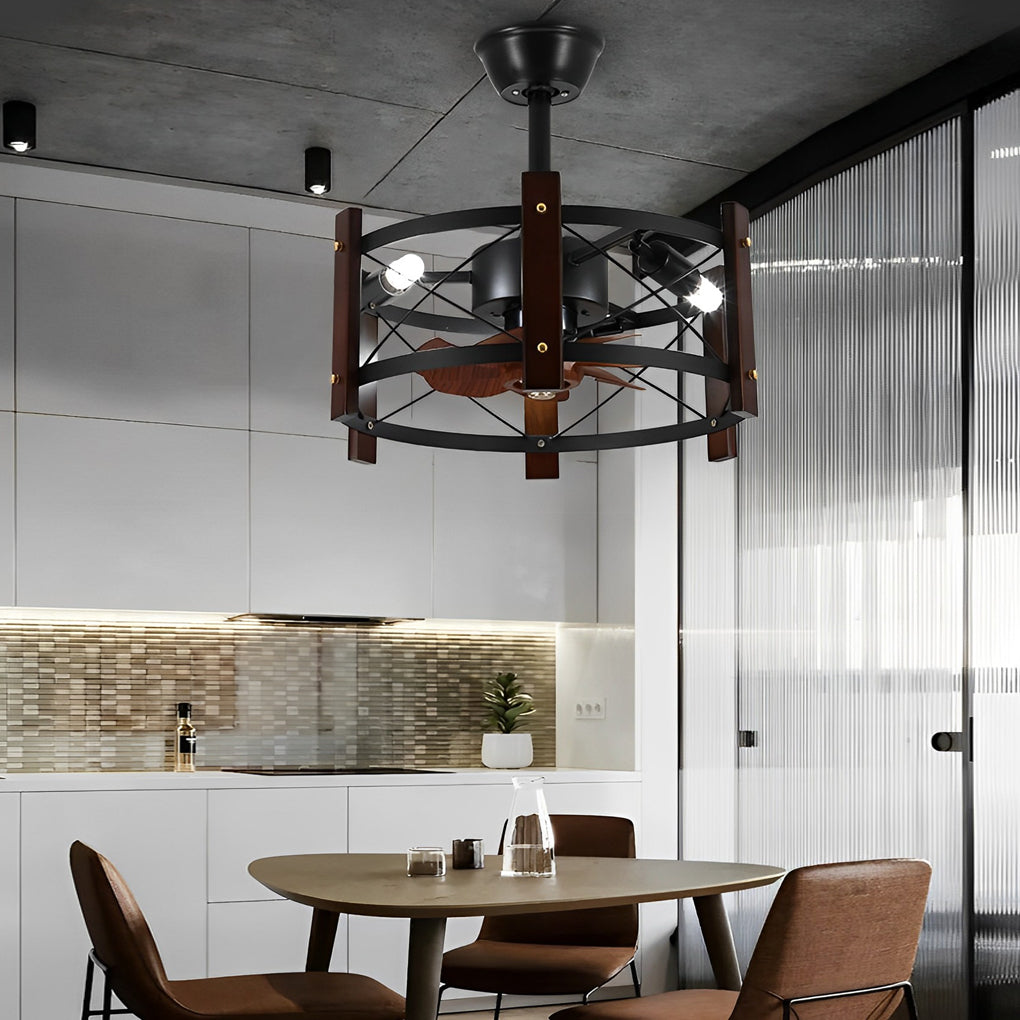 Vintage Industrial Black Metal Cage Bladeless Ceiling Fan with 4 Light Chandelier for Living Room