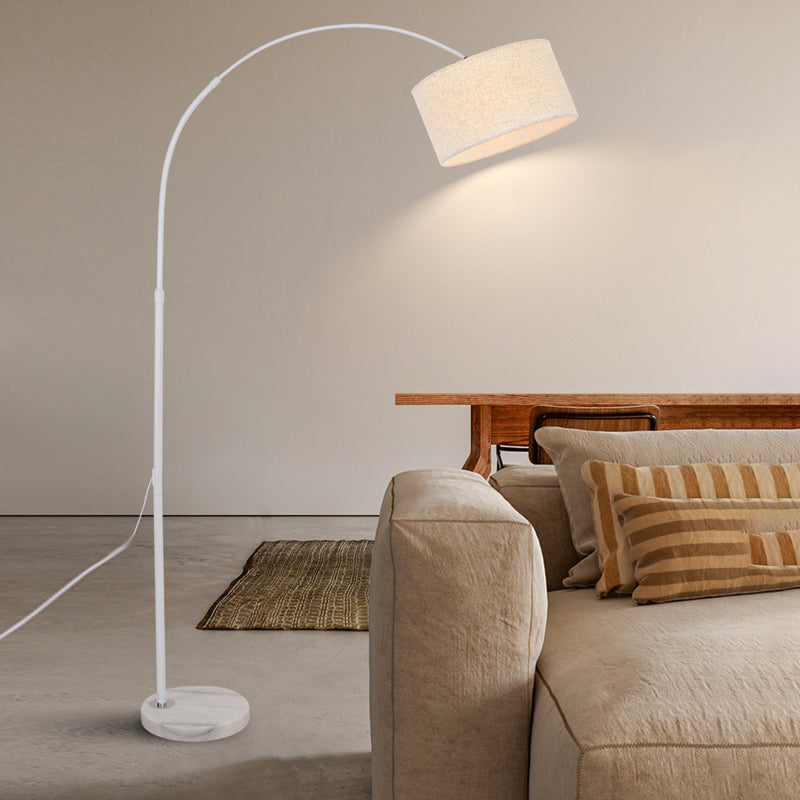 Modern Adjustable Arc Floor Lamp with Marble Base and Fabric Drum Shade for Living Room Reading