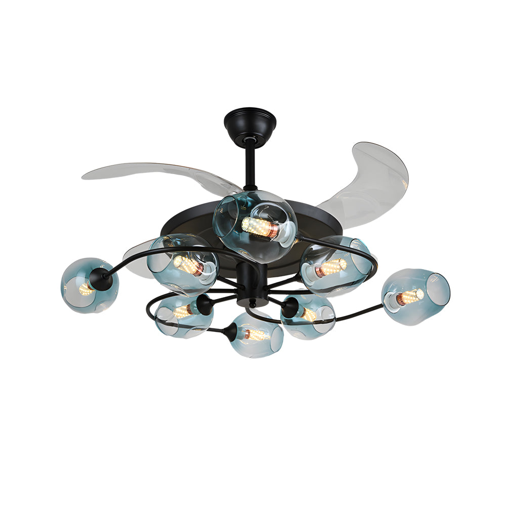 Modern 41 Inch Retractable Ceiling Fan with 4 Blades and Colored Glass Shades for Living Room