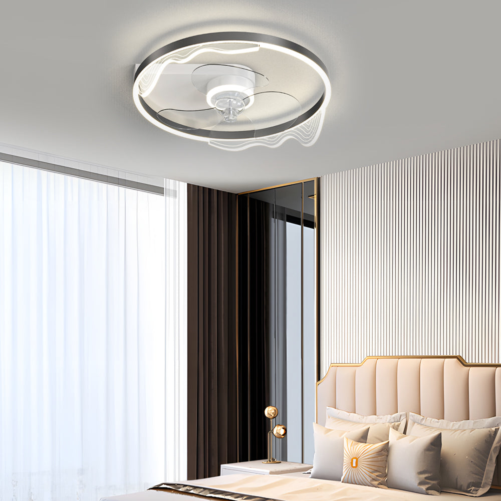 Modern Low Profile Flush Mount Ceiling Fan LED Round Acrylic Wave Decor 3 Color Dimming