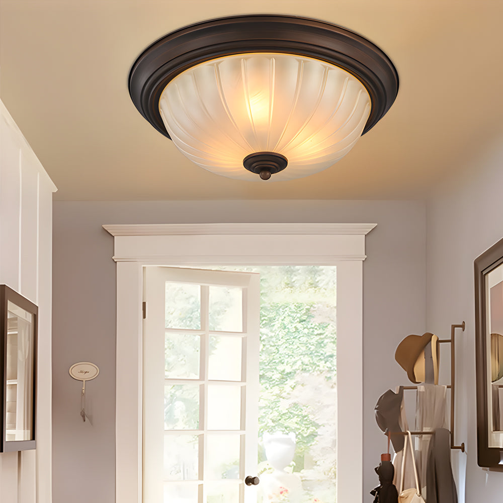 American Vintage Semi Flush Mount Ceiling Light with Round Glass Shade and Iron Frame for Bedroom