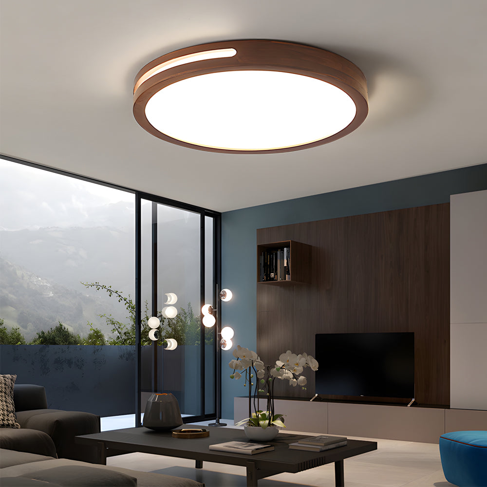 Natural Wood Round LED Ceiling Lamp Retro Dimmable Flush Mount with Remote Control