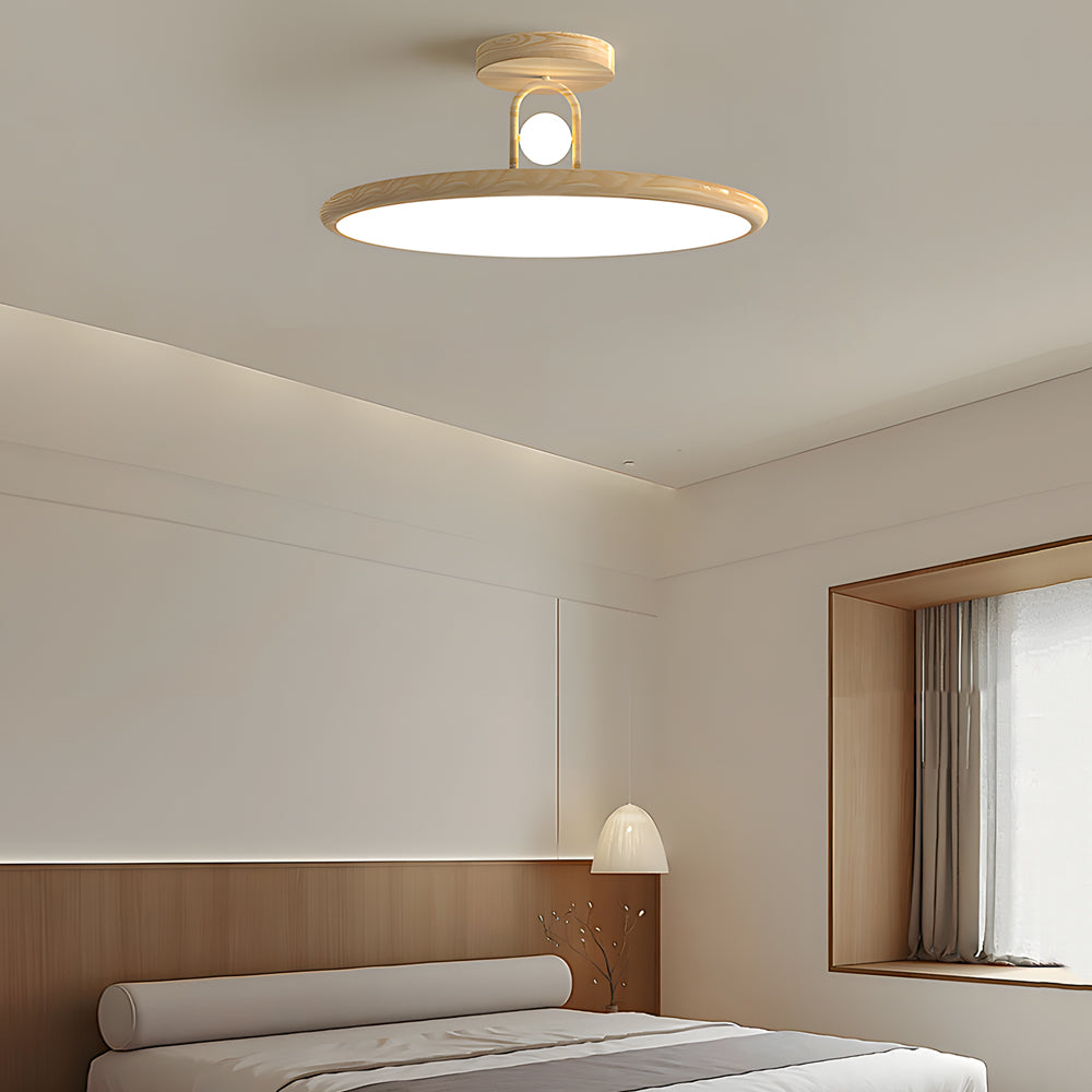 Mid Century Wood Grain Round Semi Flush Mount LED Ceiling Light for Modern Bedroom and Living Room