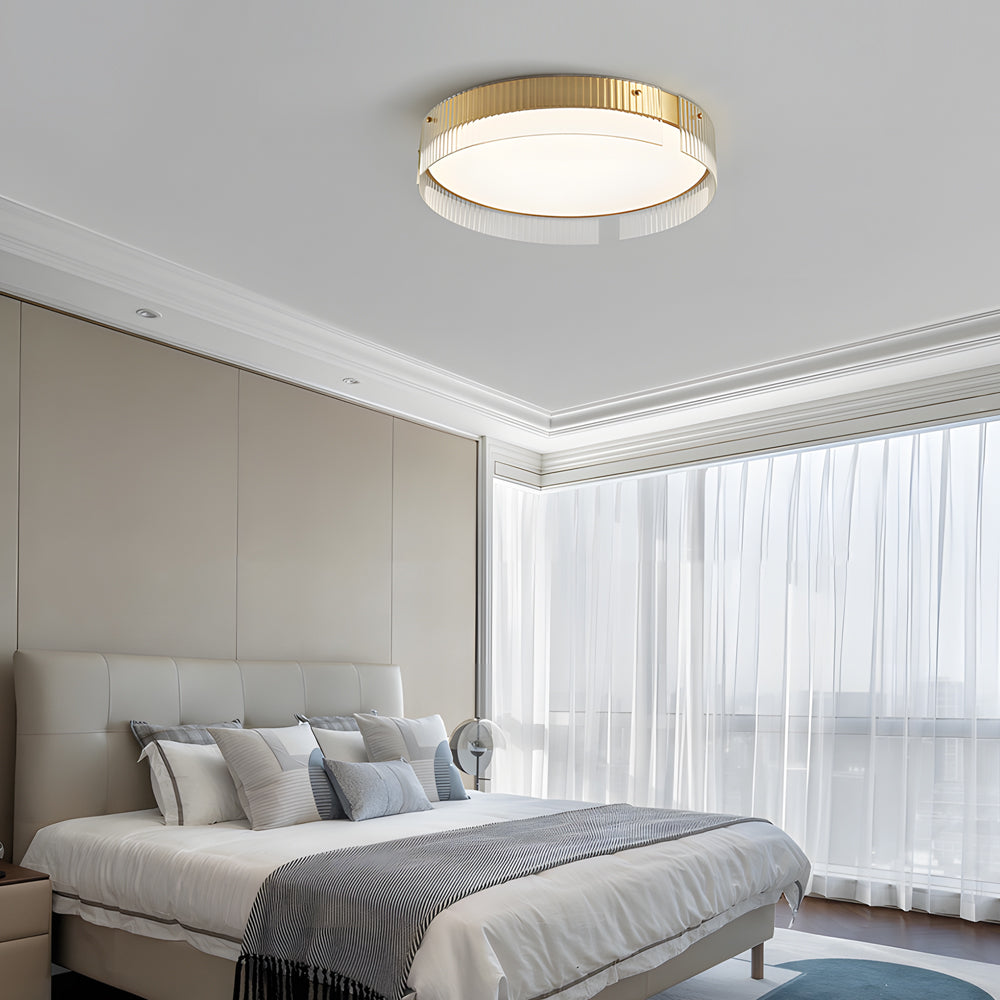 Modern Dimmable Round Ribbed Glass LED Flush Mount Ceiling Light in Gold or Black
