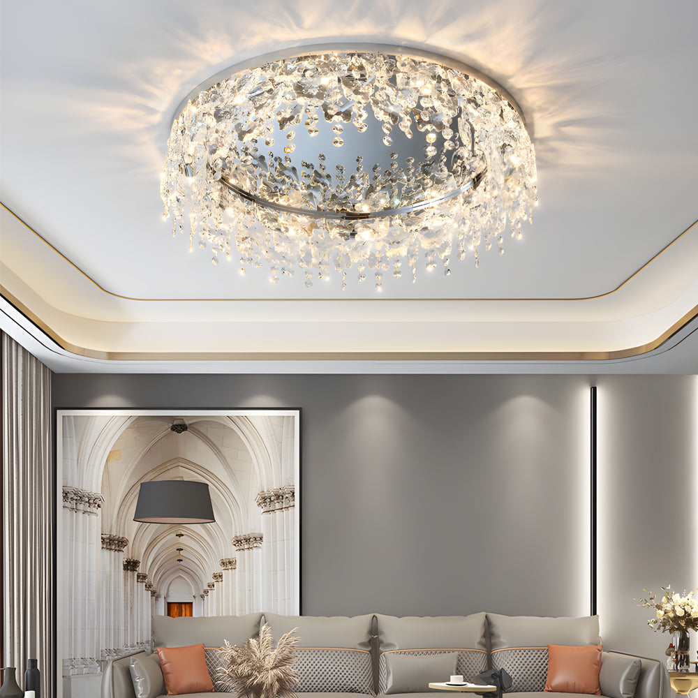 Modern Round K9 Crystal Flush Mount Ceiling Light with 3 Step Dimming and Elegant Chrome Finish