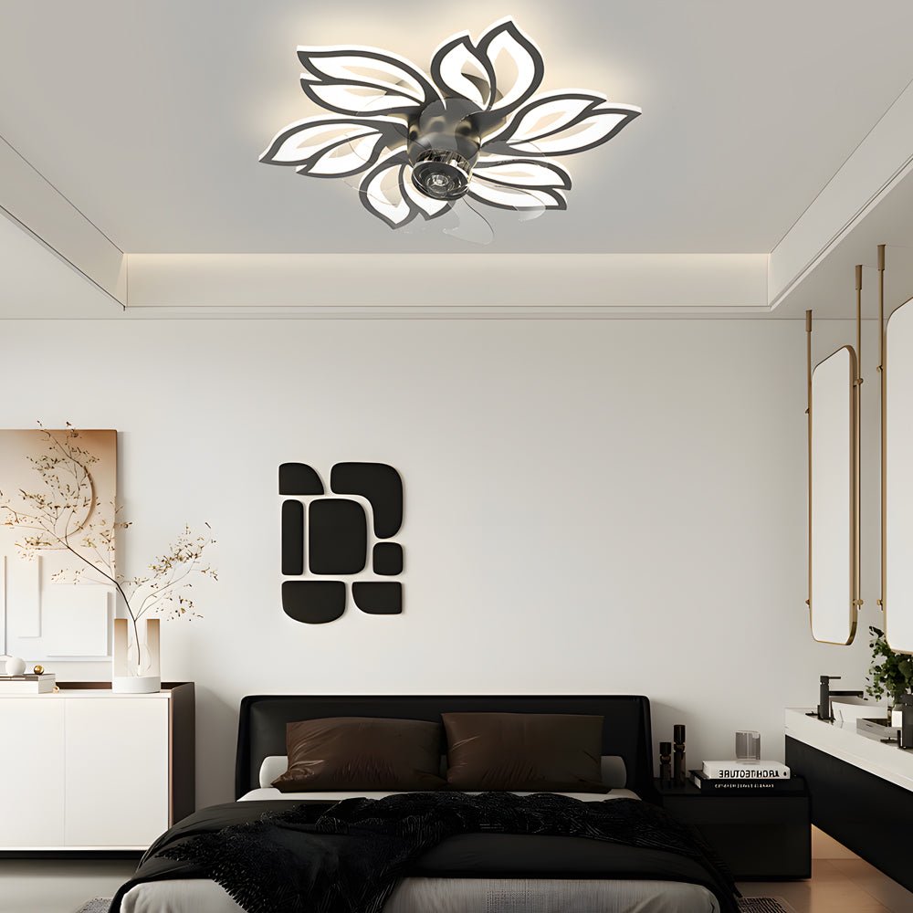 Modern Flower Design Low Profile Ceiling Fan with 3 Color Dimming LED Light for Bedroom and Living Room