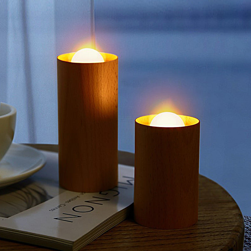 Ambient Wood Cylinder LED Table Lamp with Air Control Sensor Rechargeable Candlelight Accent