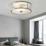 Modern Gold Drum Flush Mount Ceiling Light with Ribbed Glass Shade for Living Room and Bedroom