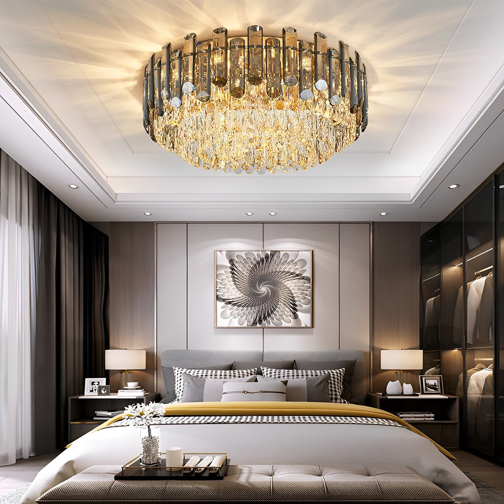 Luxury Modern Crystal Flush Mount Ceiling Light Round Metal Three Color Temperature Fixture