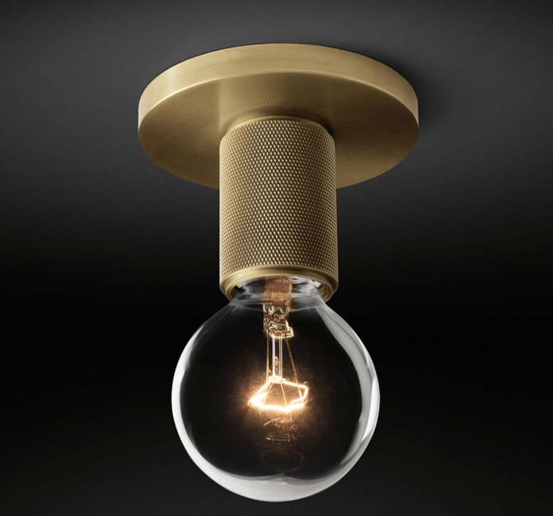 Modern Industrial Brass Flush Mount Ceiling Light with Clear Glass Shade and Knurled Detail