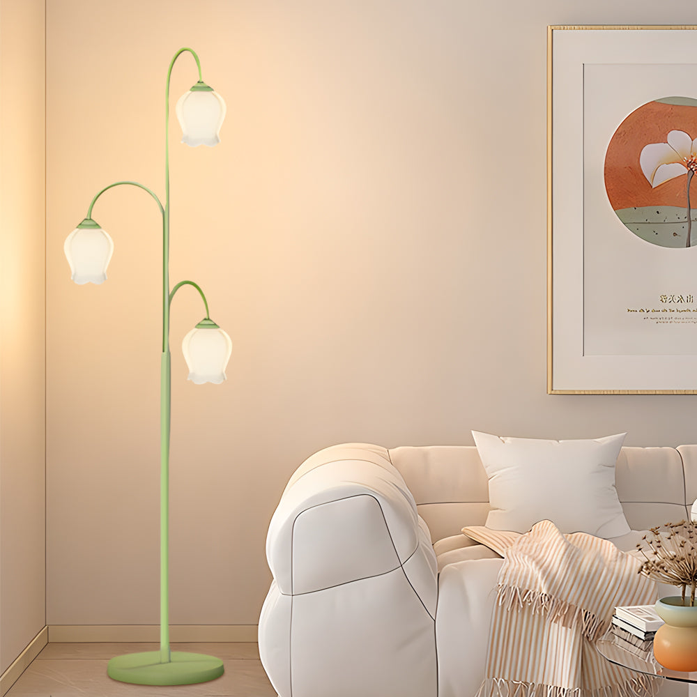 French Style Green Tulip Arc Floor Lamp with Three Dimmable Flower Glass Shades for Living Room