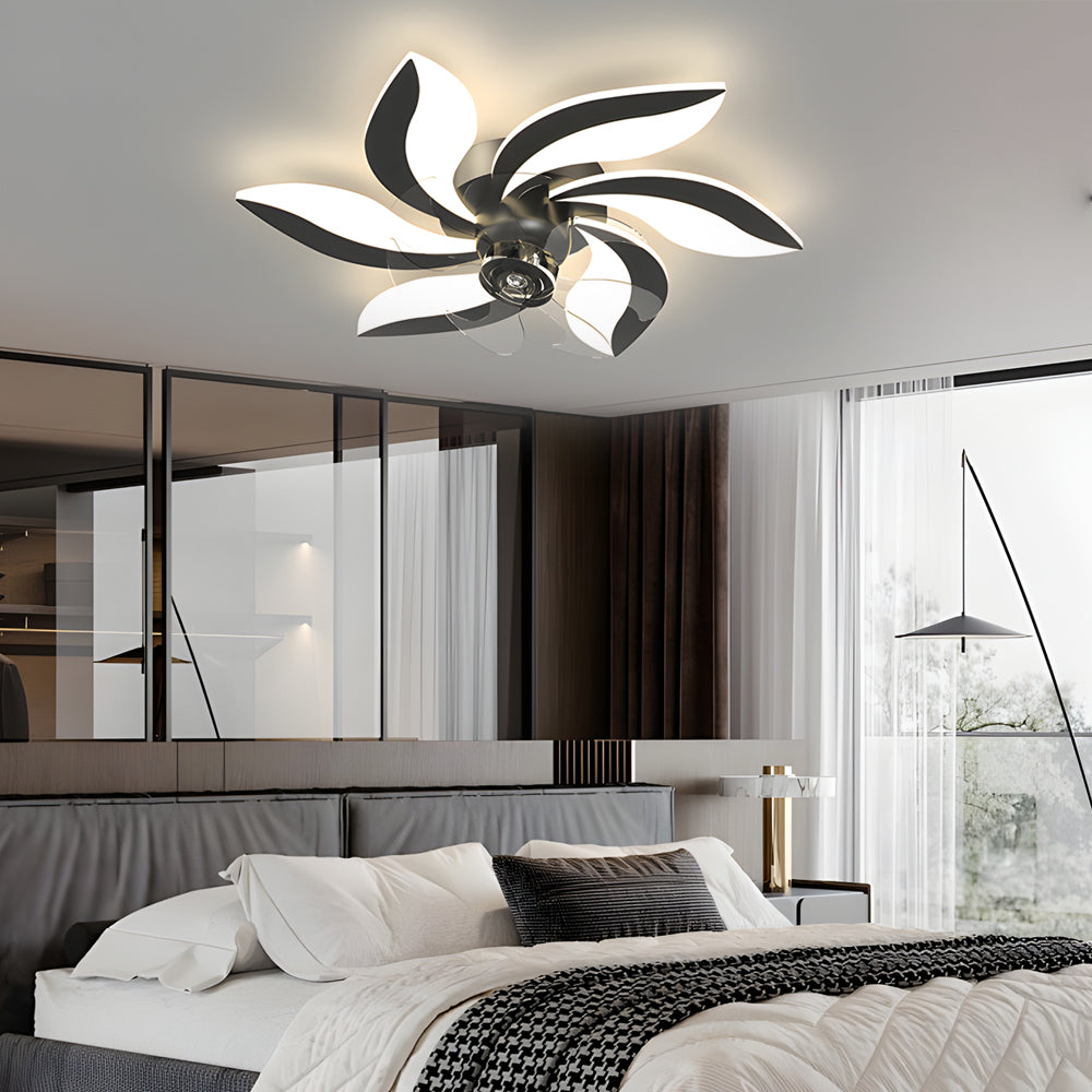 Modern Flower Petal Flush Mount Ceiling Fan with 3 Color Dimming LED Light