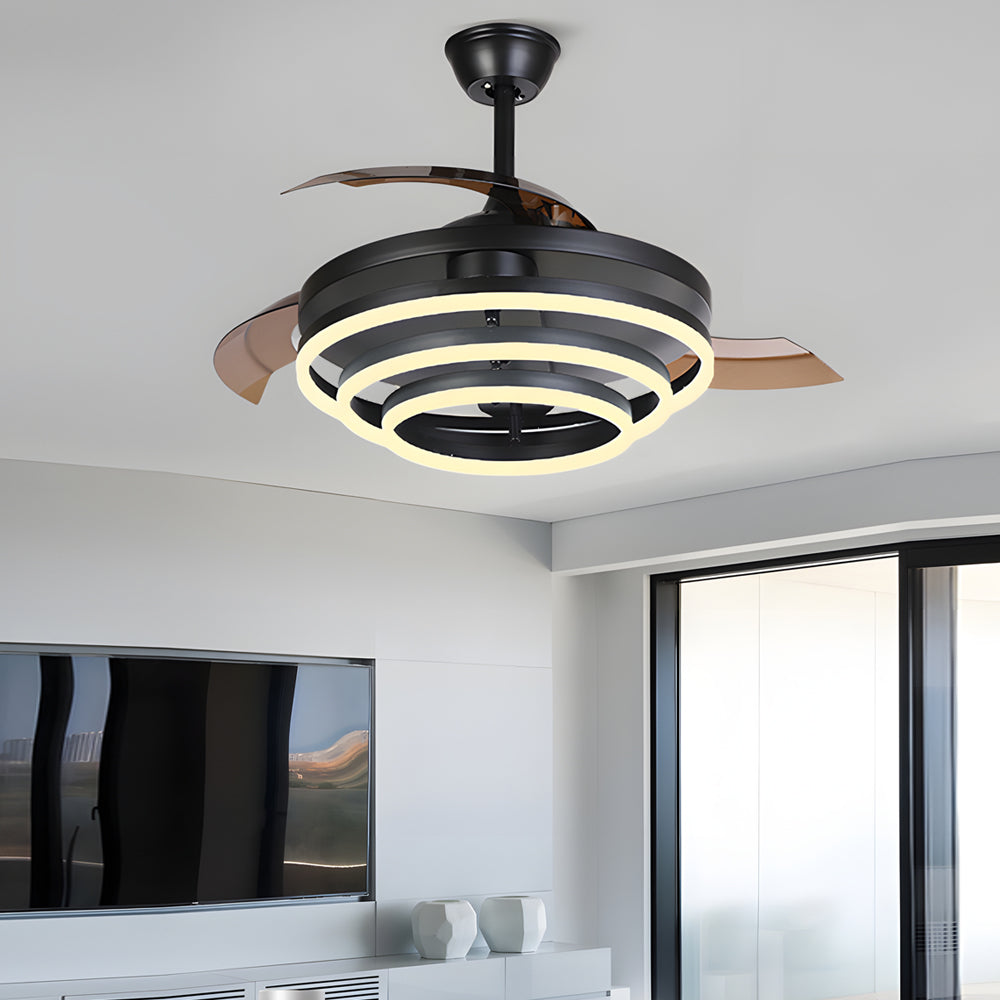 Modern Retractable Blade Ceiling Fan with 3 Color LED Light and Remote Control for Living Room