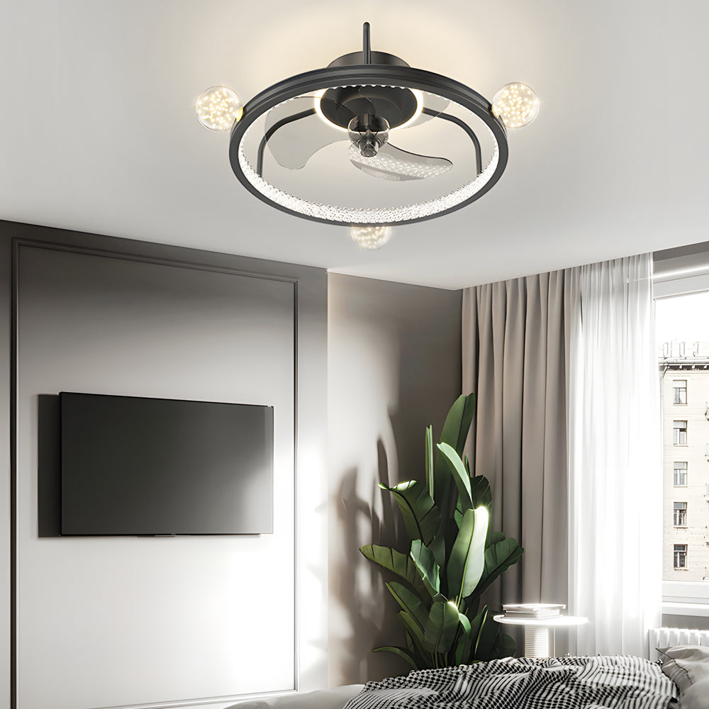 Modern Bladeless Ceiling Fan with 3 Color Dimming LED Light and Round Acrylic Ball Decor for Bedrooms