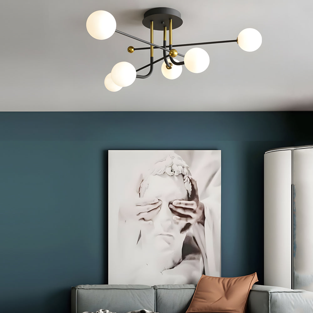 Modern Sputnik Globe Semi Flush Mount Ceiling Light with Milky White Glass Shades
