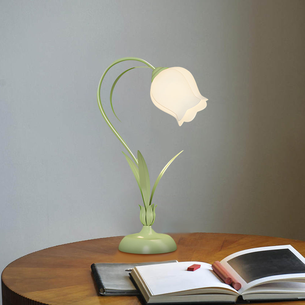 Green Floral Glass Table Lamp with 3 Color Temperature Modes and Vintage Iron Base