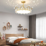 Modern Gold Crystal Crown LED Ceiling Lamp with Starry Sky Projection and 3 Step Dimming