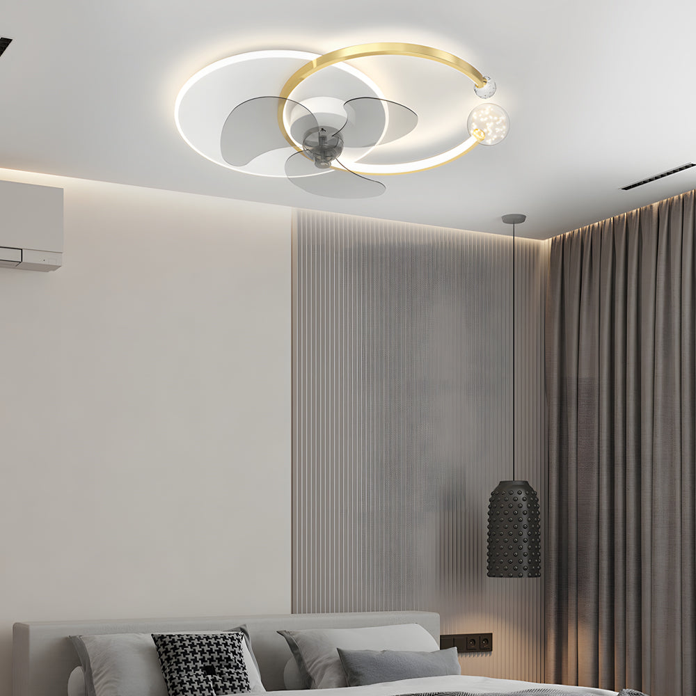 Luxury Crystal Ring Flush Mount Ceiling Fan Light with 3 Color Dimming Low Profile