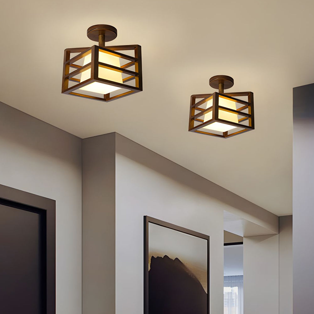 Modern Walnut Wood Cube Semi Flush Mount Ceiling Light with White Glass Shade