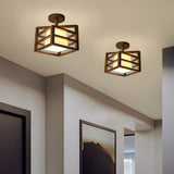 Modern Walnut Wood Cube Semi Flush Mount Ceiling Light with White Glass Shade