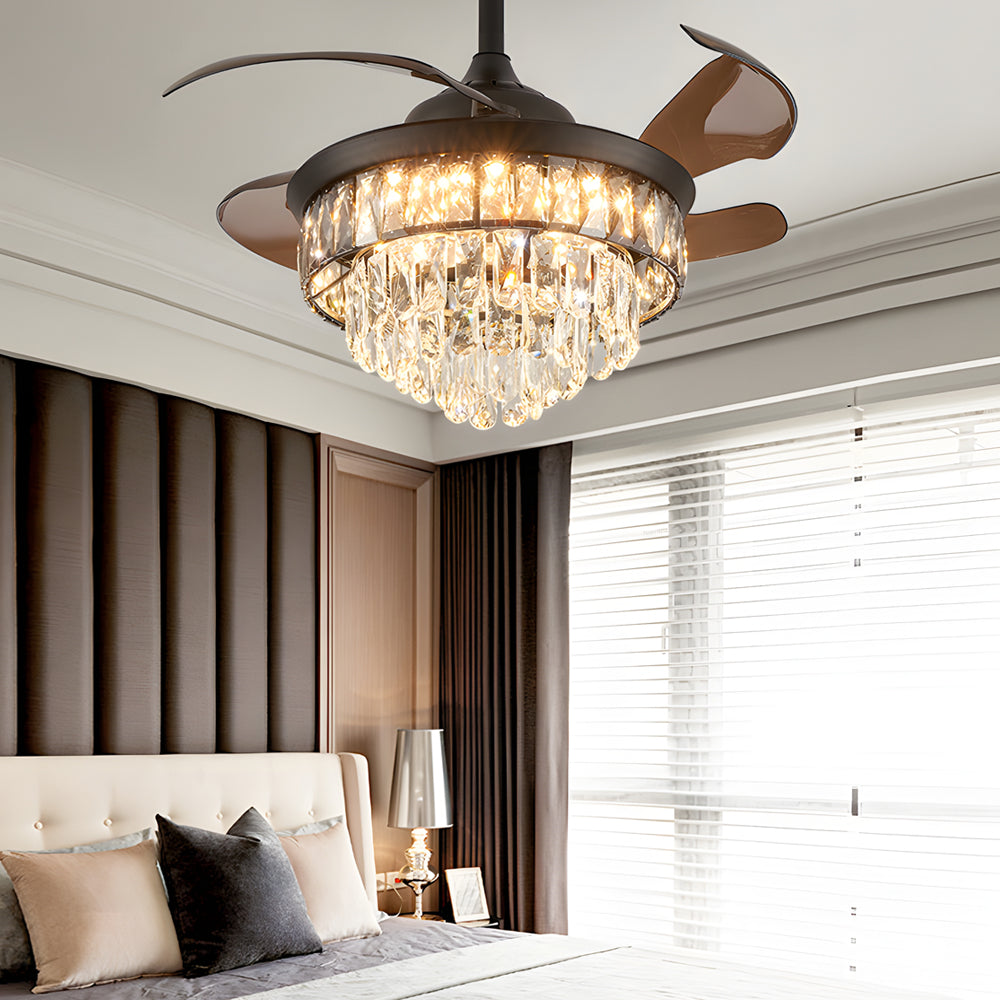 20 Inch Matte Black Crystal Fandelier Retractable Ceiling Fan with LED Lights and Remote Control