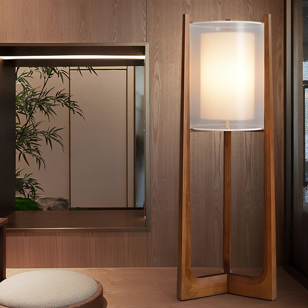 Japanese Style Wood LED Floor Lamp with Double Shade and Natural Finish Standing Light