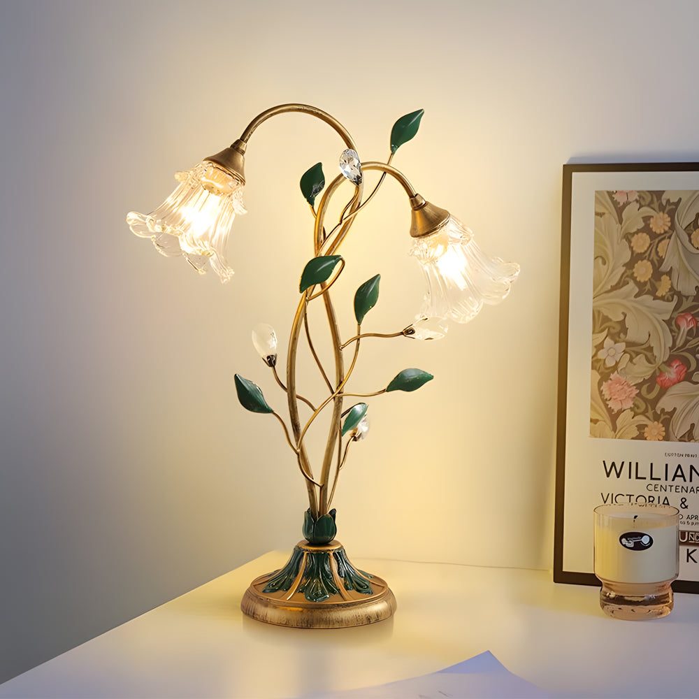 Modern Floral Desk Lamp with Dual Glass Flower Shades and Elegant Iron Leaf Accents