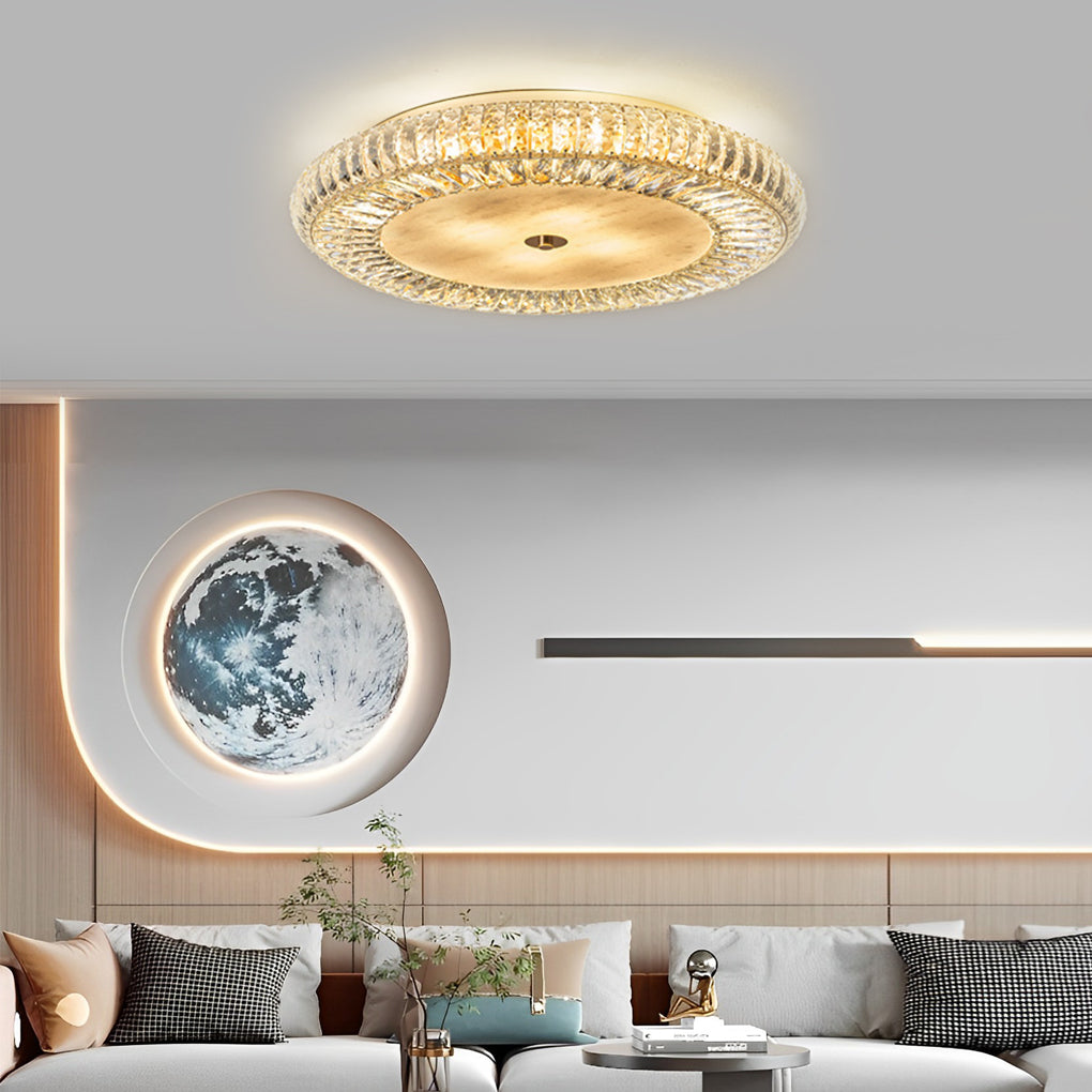 Luxury Round Crystal Flush Mount Ceiling Light with Three Color Temperature Glass Shade