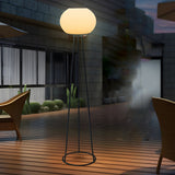 52 Inch Solar Powered LED Outdoor Tripod Floor Lamp with White Globe Shade and Black Metal Frame