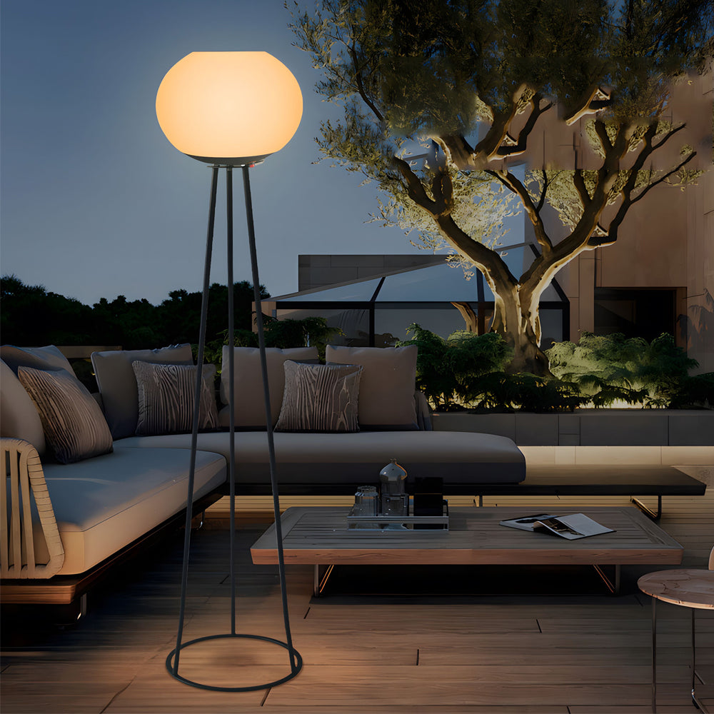 52 Inch Solar Powered LED Outdoor Tripod Floor Lamp with White Globe Shade and Black Metal Frame