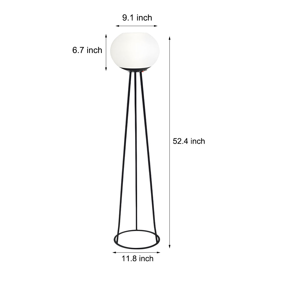 52 Inch Solar Powered LED Outdoor Tripod Floor Lamp with White Globe Shade and Black Metal Frame
