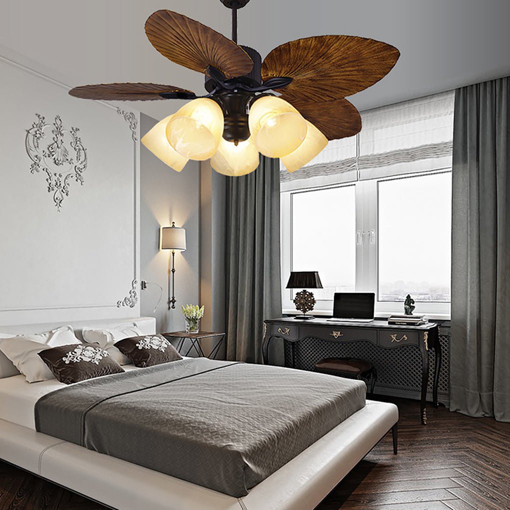 52 Inch Rustic Leaf Shaped Reversible Ceiling Fan with 12W Dimmable LED and Silent Inverter Motor