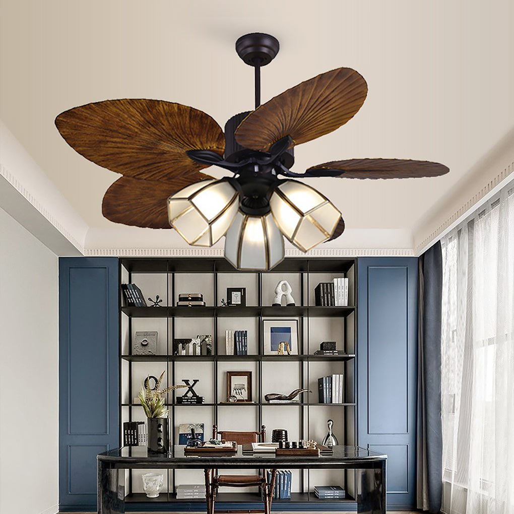 52 Inch Rustic Leaf Shaped Reversible Ceiling Fan with 12W Dimmable LED and Silent Inverter Motor