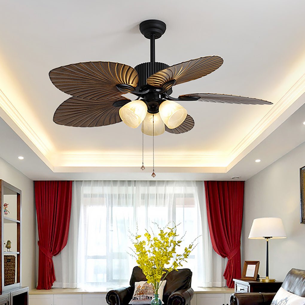 52 Inch Rustic Leaf Shaped Reversible Ceiling Fan with 12W Dimmable LED and Silent Inverter Motor