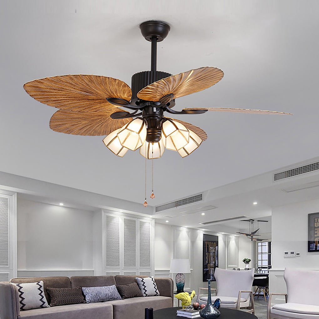 52 Inch Rustic Leaf Shaped Reversible Ceiling Fan with 12W Dimmable LED and Silent Inverter Motor