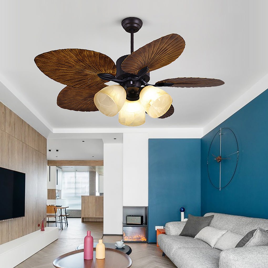 52 Inch Rustic Leaf Shaped Reversible Ceiling Fan with 12W Dimmable LED and Silent Inverter Motor