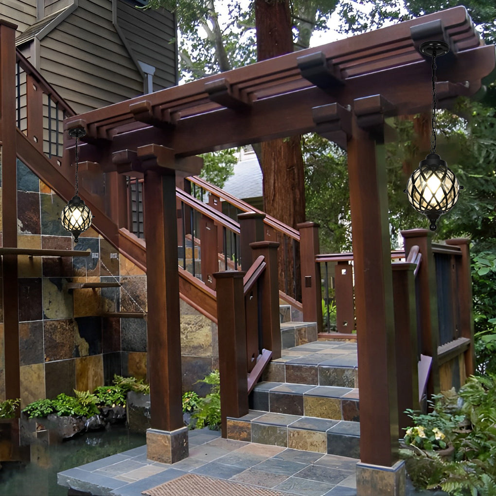 Modern Tea Glass Globe Outdoor Pendant Light Waterproof Aluminum Hanging Lantern Chandelier
