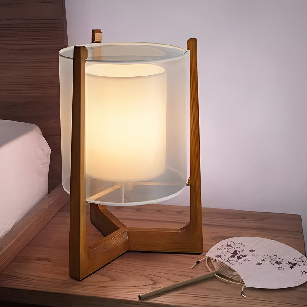 Japanese Style Wood LED Floor Lamp with Double Shade and Natural Finish Standing Light