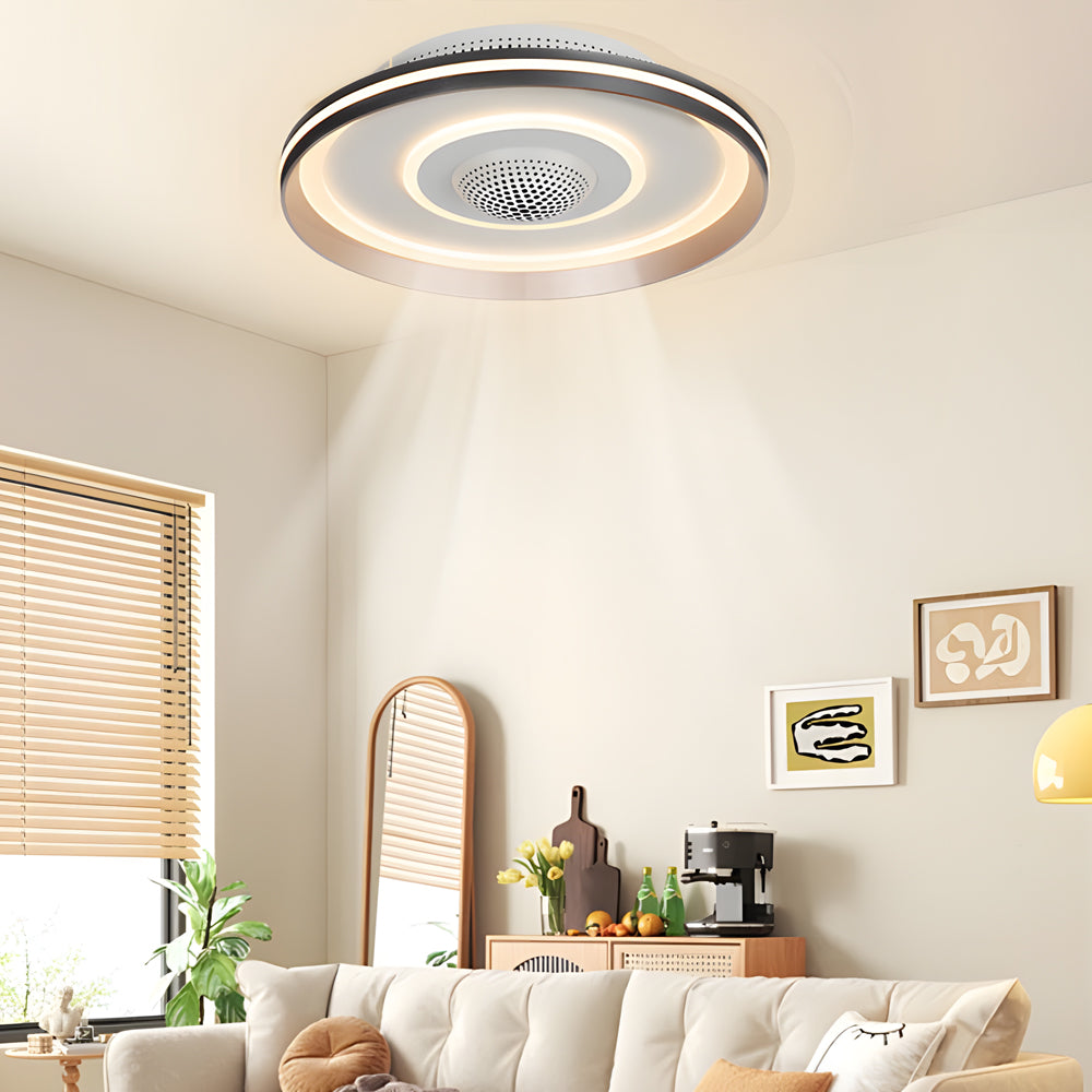 Modern Round Bladeless Ceiling Fan with Dimmable LED Light Flush Mount Low Profile Fixture