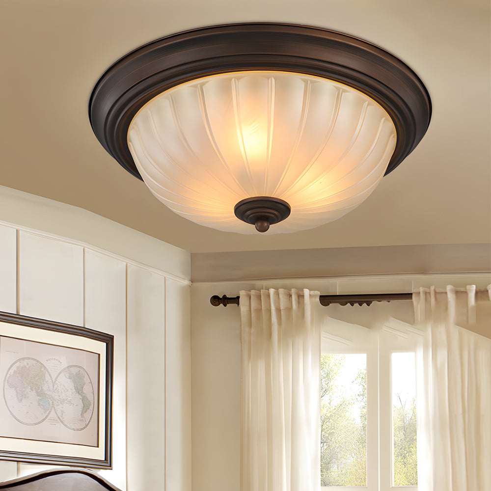 American Vintage Semi Flush Mount Ceiling Light with Round Glass Shade and Iron Frame for Bedroom
