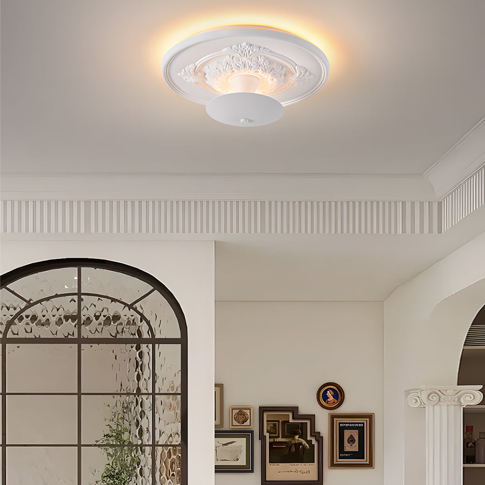 Ornate White Plaster Relief LED Flush Mount Round Ceiling Light Dimmable 19.7 Inch