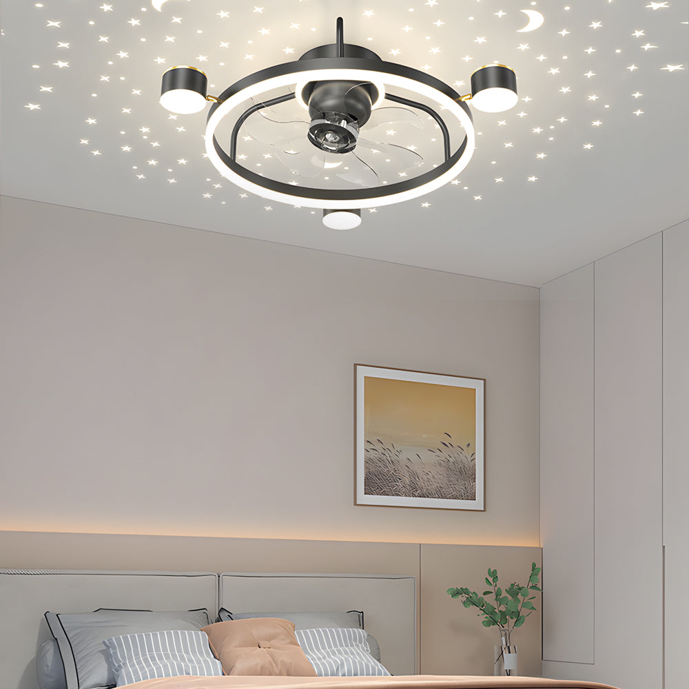 Creative Round Ceiling Fan with Moon Star Projection and 3 Color Dimming for Modern Bedrooms