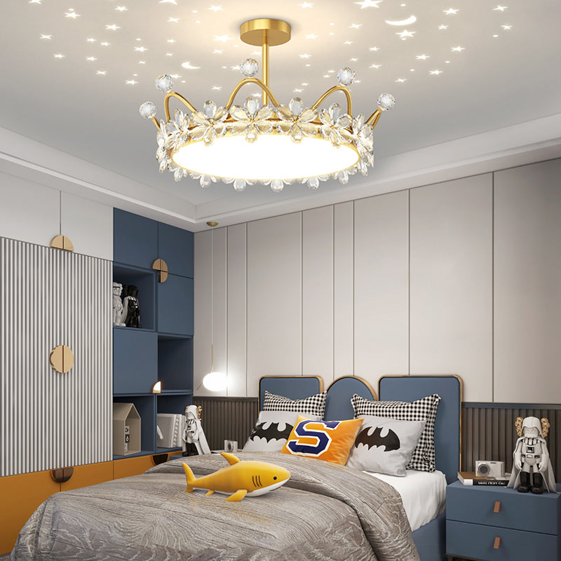 Modern Gold Crystal Crown LED Ceiling Lamp with Starry Sky Projection and 3 Step Dimming