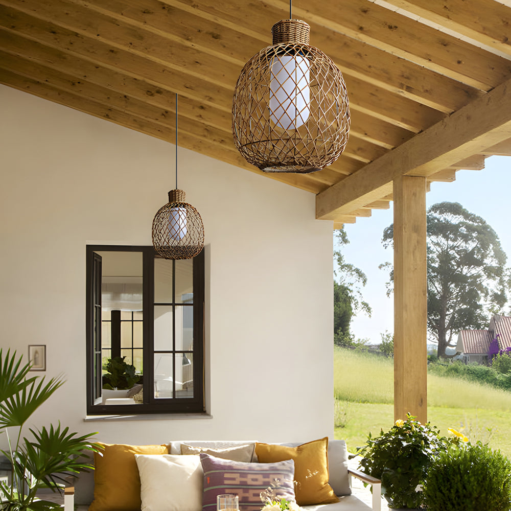 Rustic Modern Outdoor Rattan Pendant Light 10W LED Waterproof Ceiling Hanging Lantern for Garden and Porch