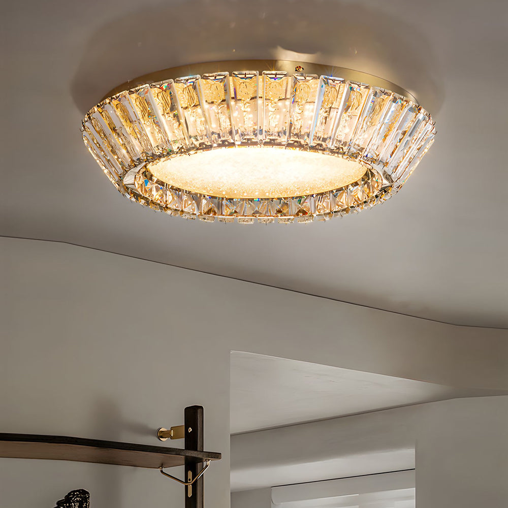 Modern Crystal Drum Flush Mount Ceiling Light Titanium Gold LED Chandelier with Quicksand Detail