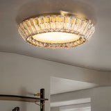 Modern Crystal Drum Flush Mount Ceiling Light Titanium Gold LED Chandelier with Quicksand Detail