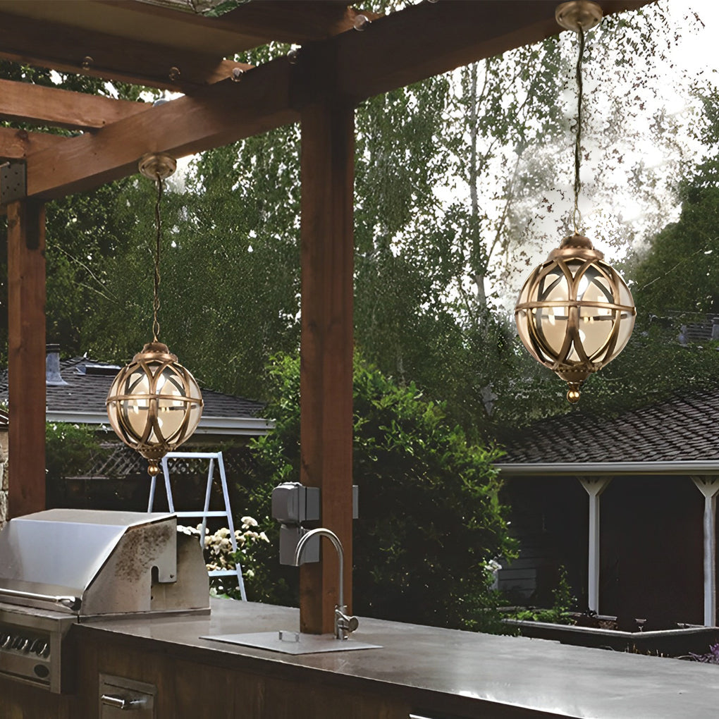 Vintage Waterproof Outdoor Pendant Light Retro Aluminum and Glass Hanging Ball Ceiling Lantern