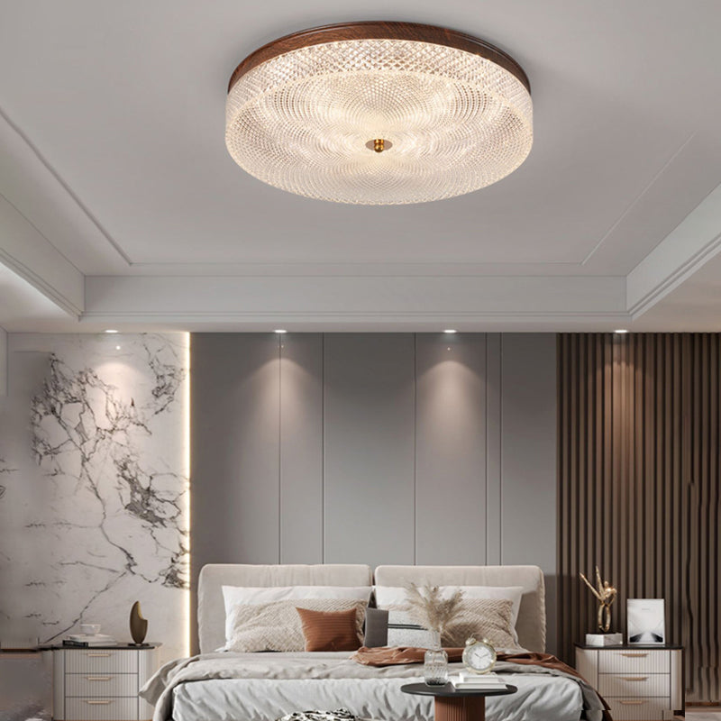 Retro Walnut Finish Round LED Flush Mount Ceiling Light Dimmable with Remote Control