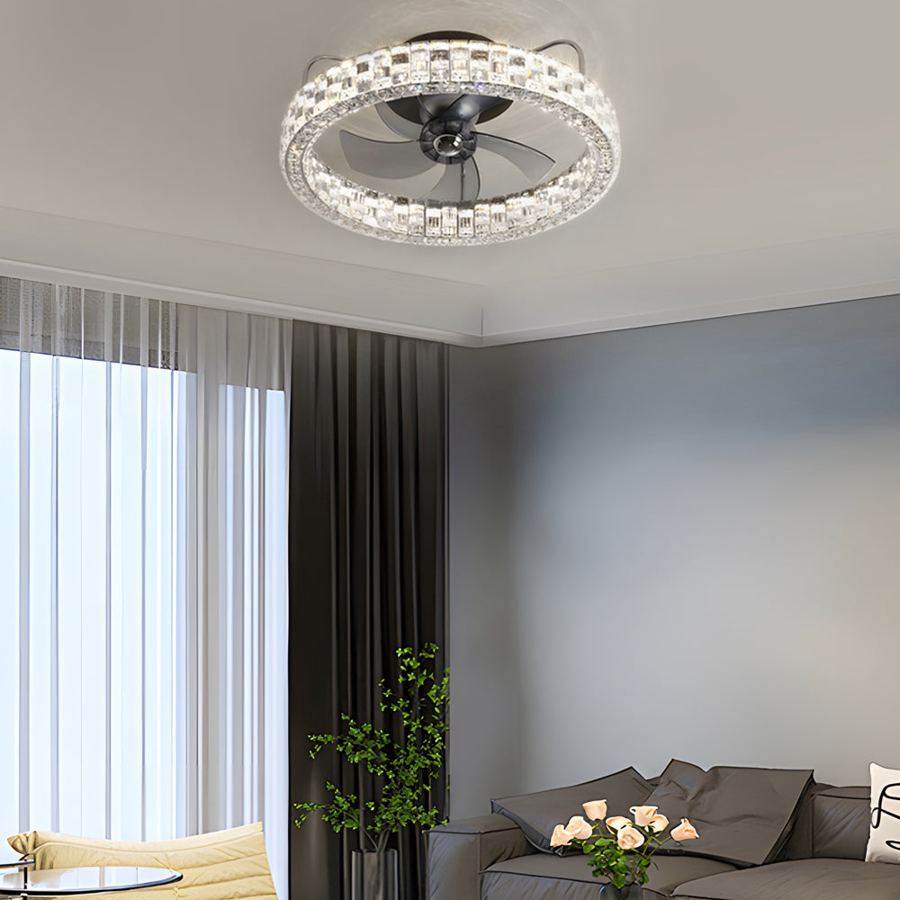 Modern 23.6 Inch Crystal Flush Mount Ceiling Fan with Dimmable LED and Remote Control Black Finish